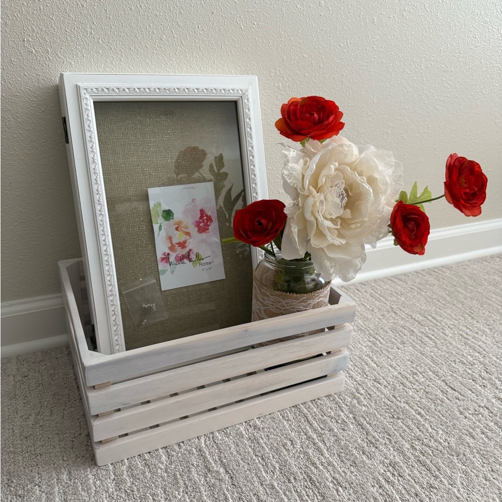 White Wooden Crate with Red and Cream Floral Accents